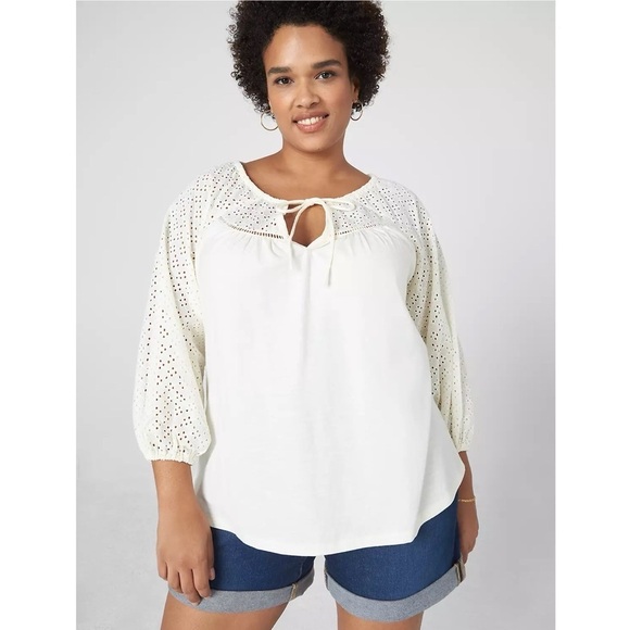 Lane Bryant Navy Blue Eyelet Sleeve Peasant Blouse 14/16 Plus 3/4 Raglan - Picture 10 of 12